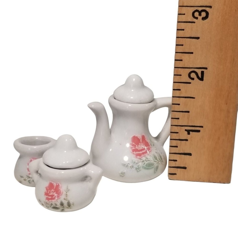 Miniature Tea Set Play Dishes Porcelain Pink Rose Teapot Creamer Sugar Dish Mini - Picture 6 of 11